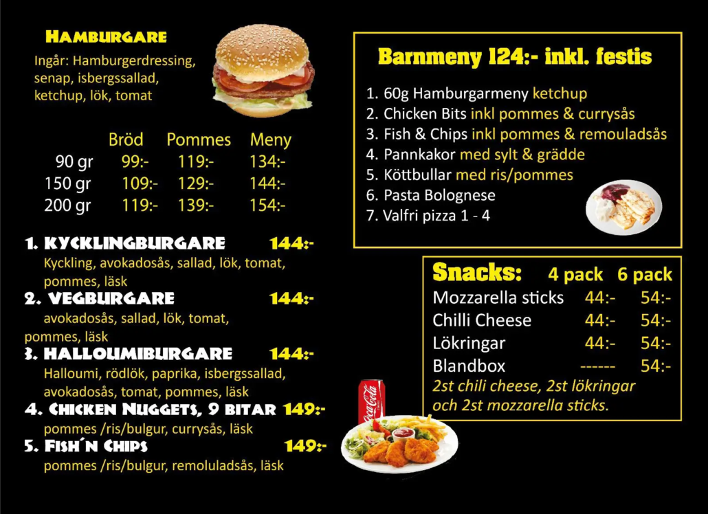 Hamburgare, Fish'n Chips, Chicken Nuggets